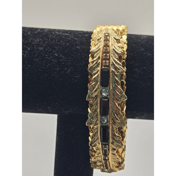VTG GOLD Plated Cuff Bangle Bracelet Garnet and Rhinestone .75" thick scale - Picture 8 of 8